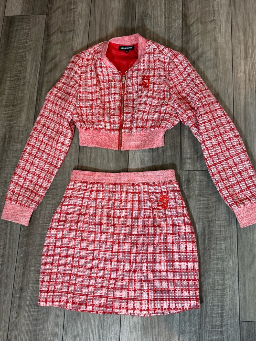 Sandro Pink-Red Tweed Cropped Jacket & Skirt Set